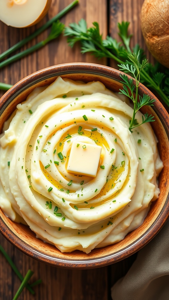 Creamy Garlic Herb Mashed Potatoes Recipe Creamy garlic herb mashed potatoes in a rustic bowl, garnished with fresh herbs on a wooden table.